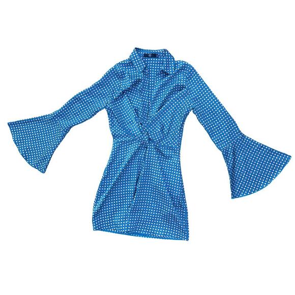 Missguided Polka Dot Twist Front Mini Dress Long Bell Sleeve Blue White - Size 0 - Picture 5 of 11